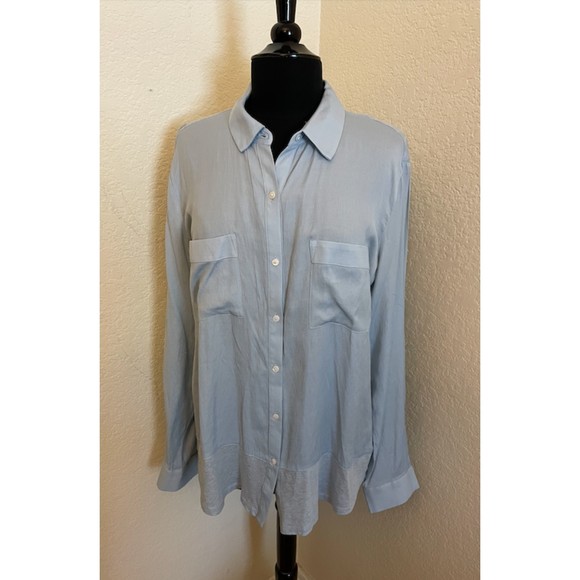 LOFT - Light Blue Mixed Media Button Up Shirt - Sz L - Picture 1 of 9